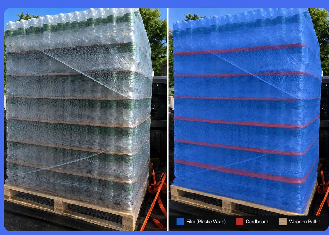 Wrapped pallet segmented into film, cardboard and wooden pallet
