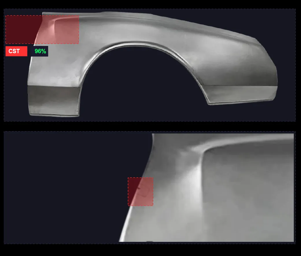 Stamped body panel with an edge defect highlighted by the inspection model