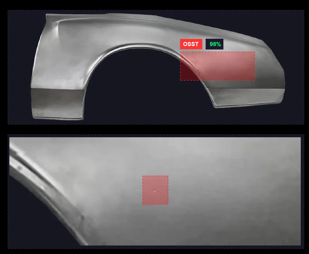 Stamped body panel with a small surface defect highlighted