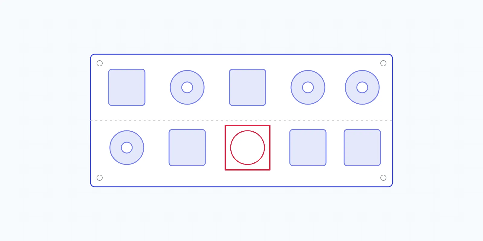 Illustration of an assembly line with cameras above several stations and one unit flagged in red