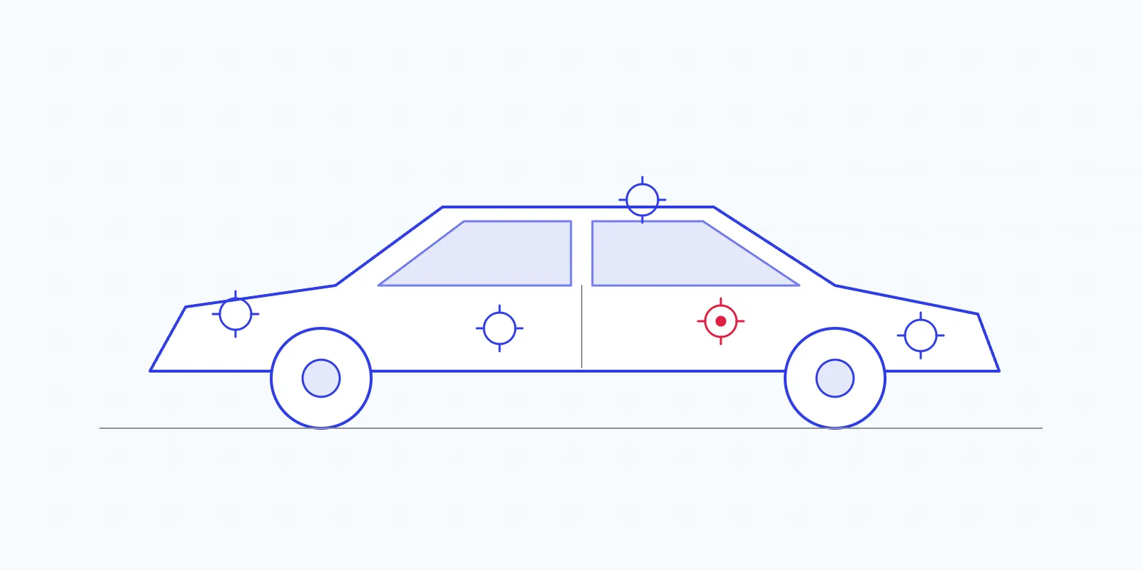 Flat illustration of a stamped body panel passing under a camera array next to an assembly station