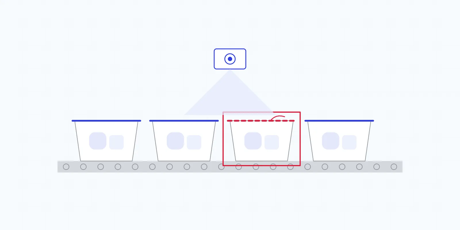 Illustration of sealed food trays on a conveyor under a camera, with one tray's seal marked in red