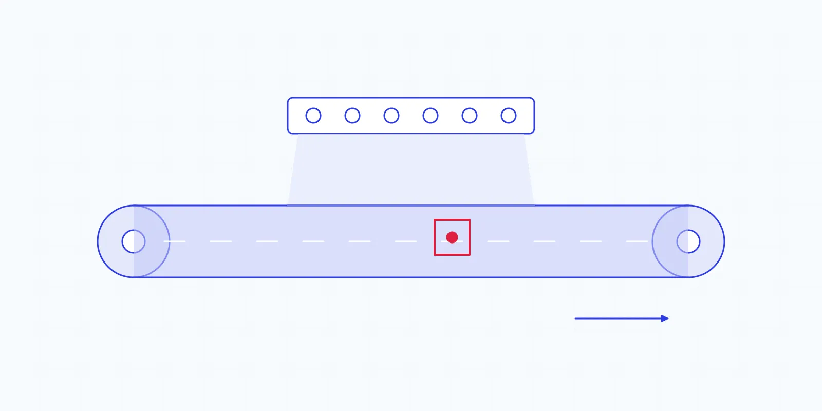 Illustration of a moving web passing under a line-scan camera bar, with one defect marked in red on the roll