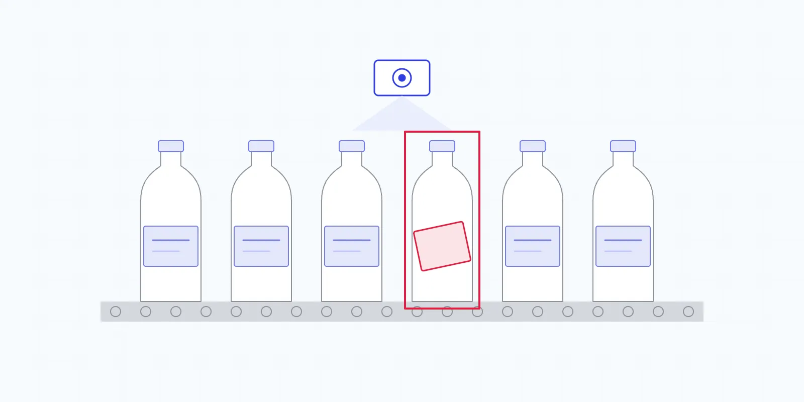Illustration of labeled containers moving under a camera, with one container missing its label marked in red