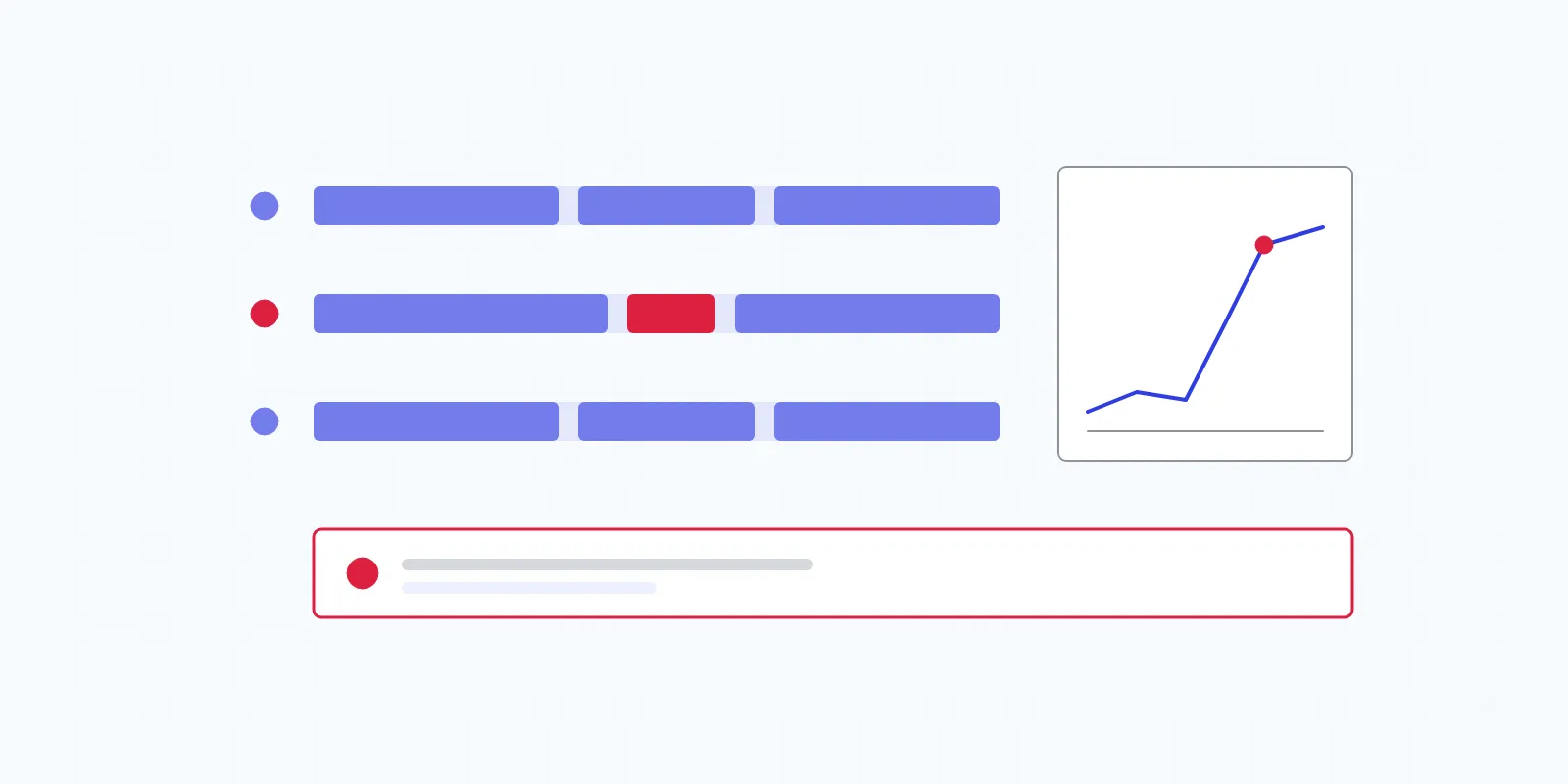 Illustration of three line status bars, a rising trend chart and an alert banner