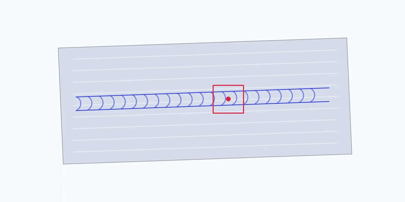 Illustration of a metal sheet with a weld seam and one spot on the seam marked with a red box