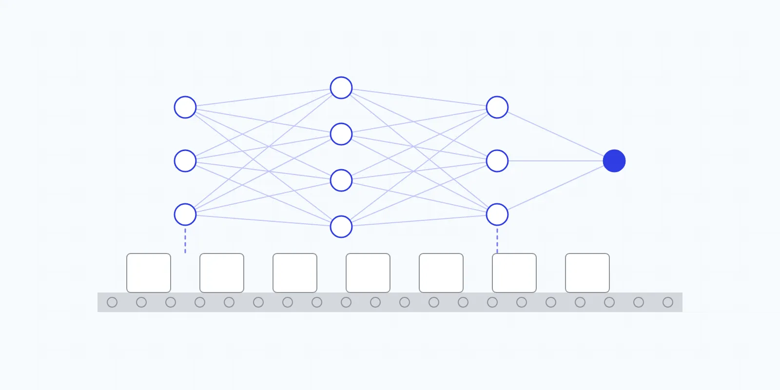 Illustration of a neural network diagram connected to parts moving on a conveyor