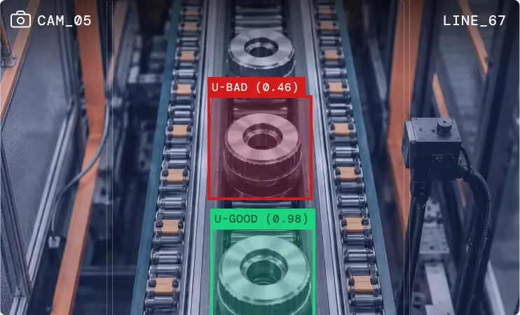 Illustration of parts on a conveyor, with good parts and bad parts marked